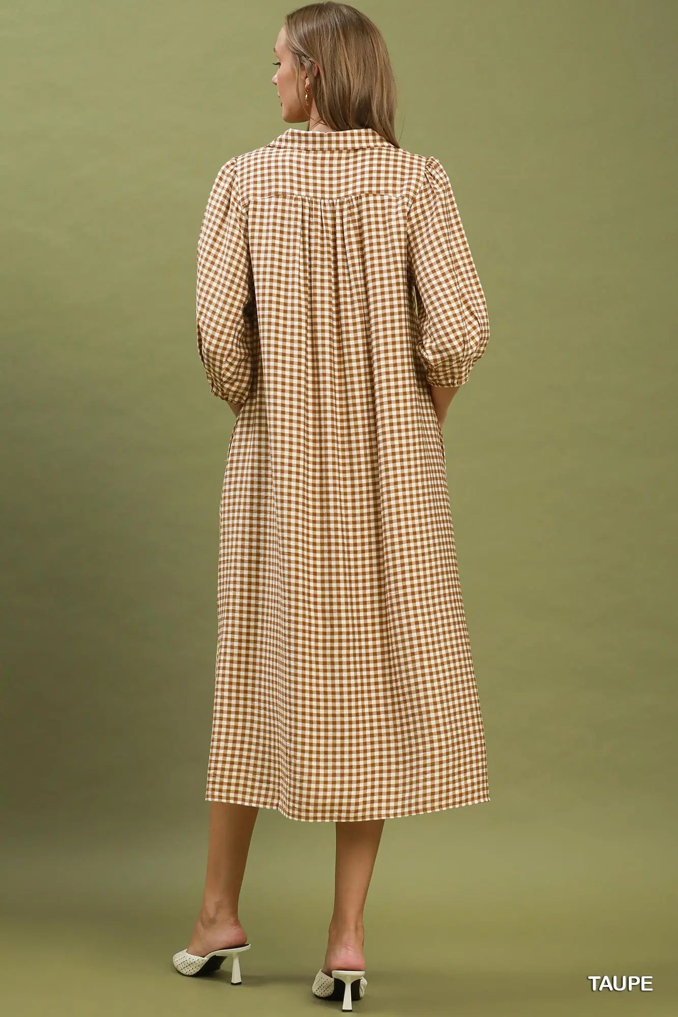 Taupe Gingham Collared Midi Dress
