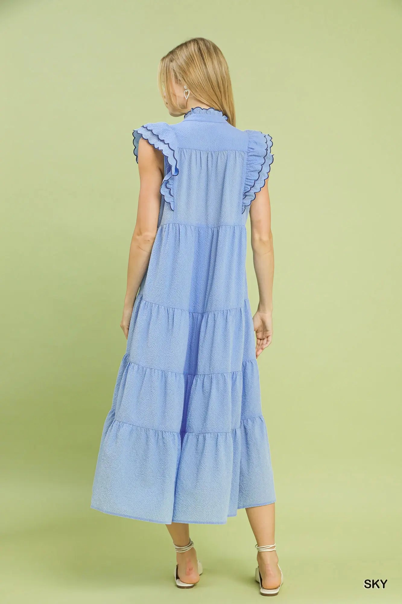 Blue Seersucker Ruffle Sleeve Tiered Midi Dress