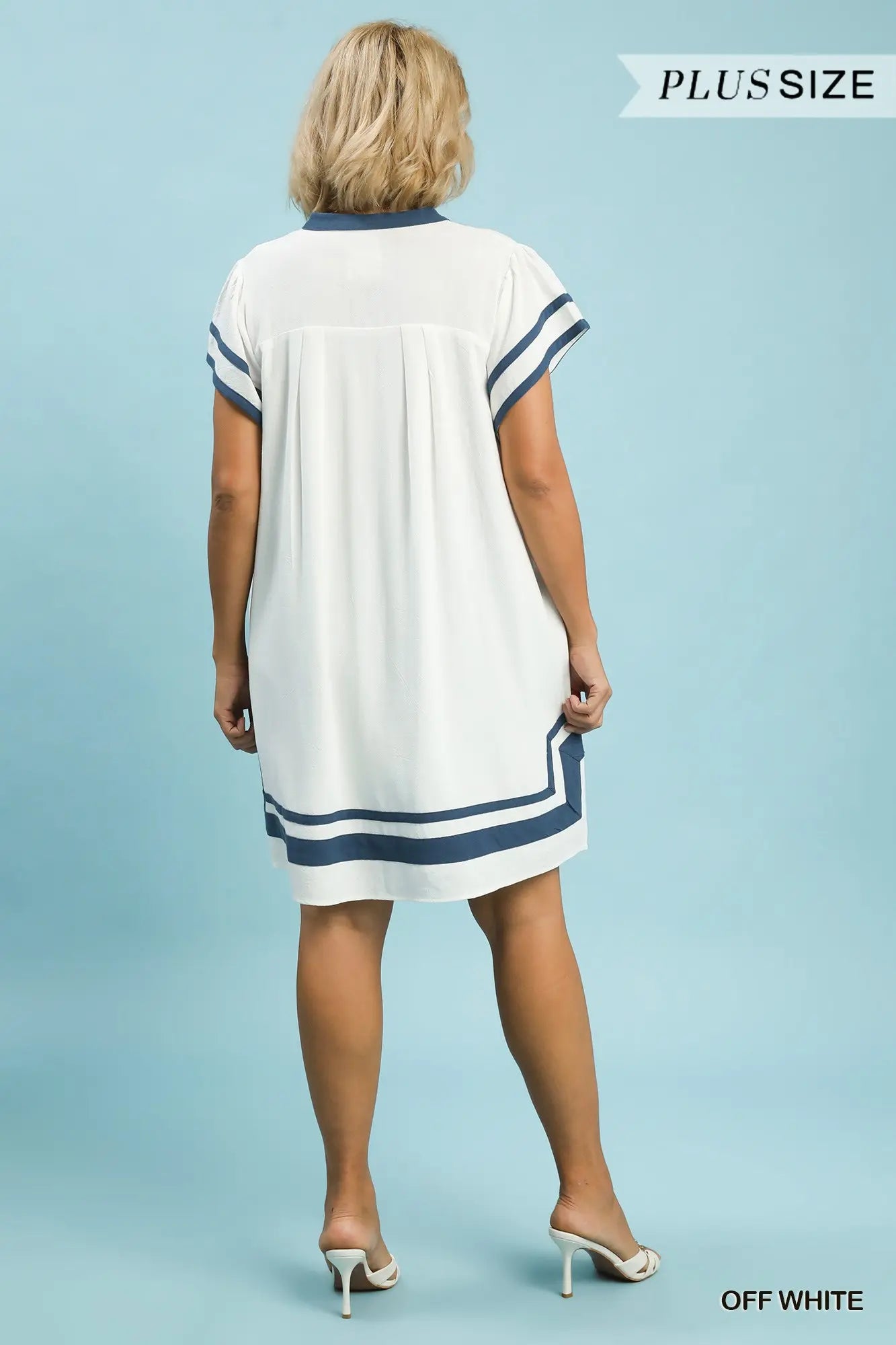 Off White & Blue Linen Dress- Plus