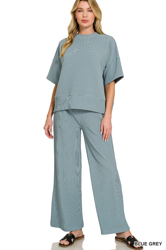 Blue Grey Ribbed Round Neck Tee & Pants Set