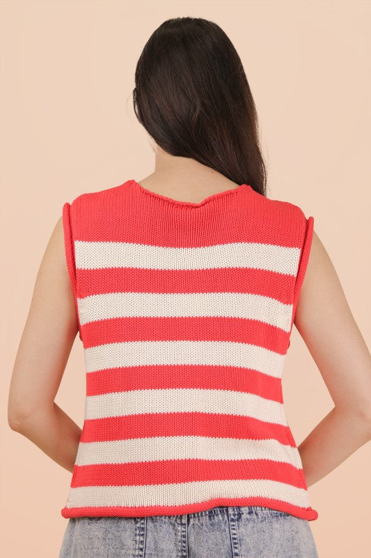 Red Stripe Button Down Sweater Top