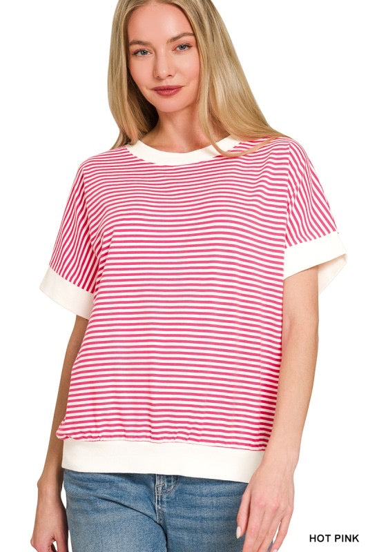 Hot Pink Stripe Rib Banded Top
