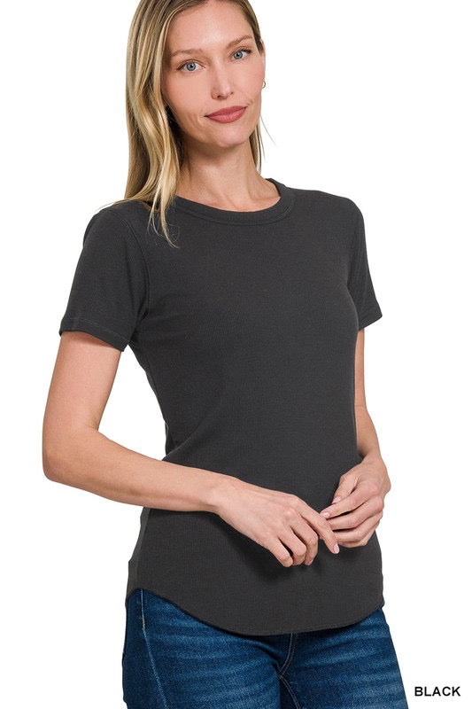 Black Ribbed Round Neck Tee