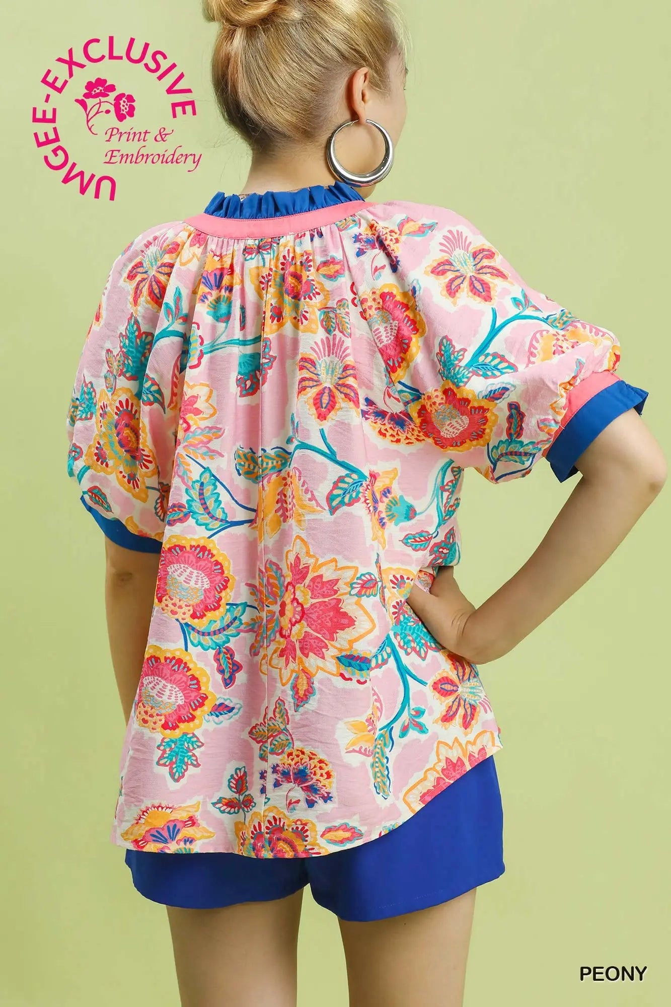 Pink Blue Floral Split Neck Top