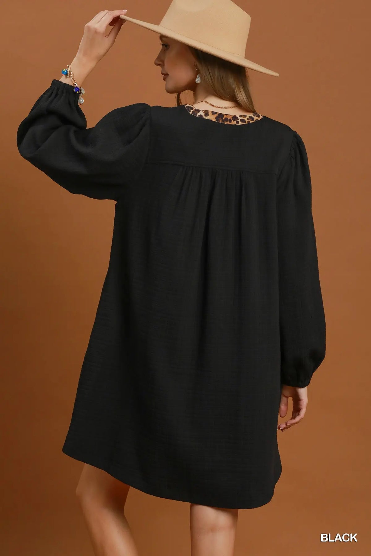Black Leopard Trim Textured Babydoll Dress