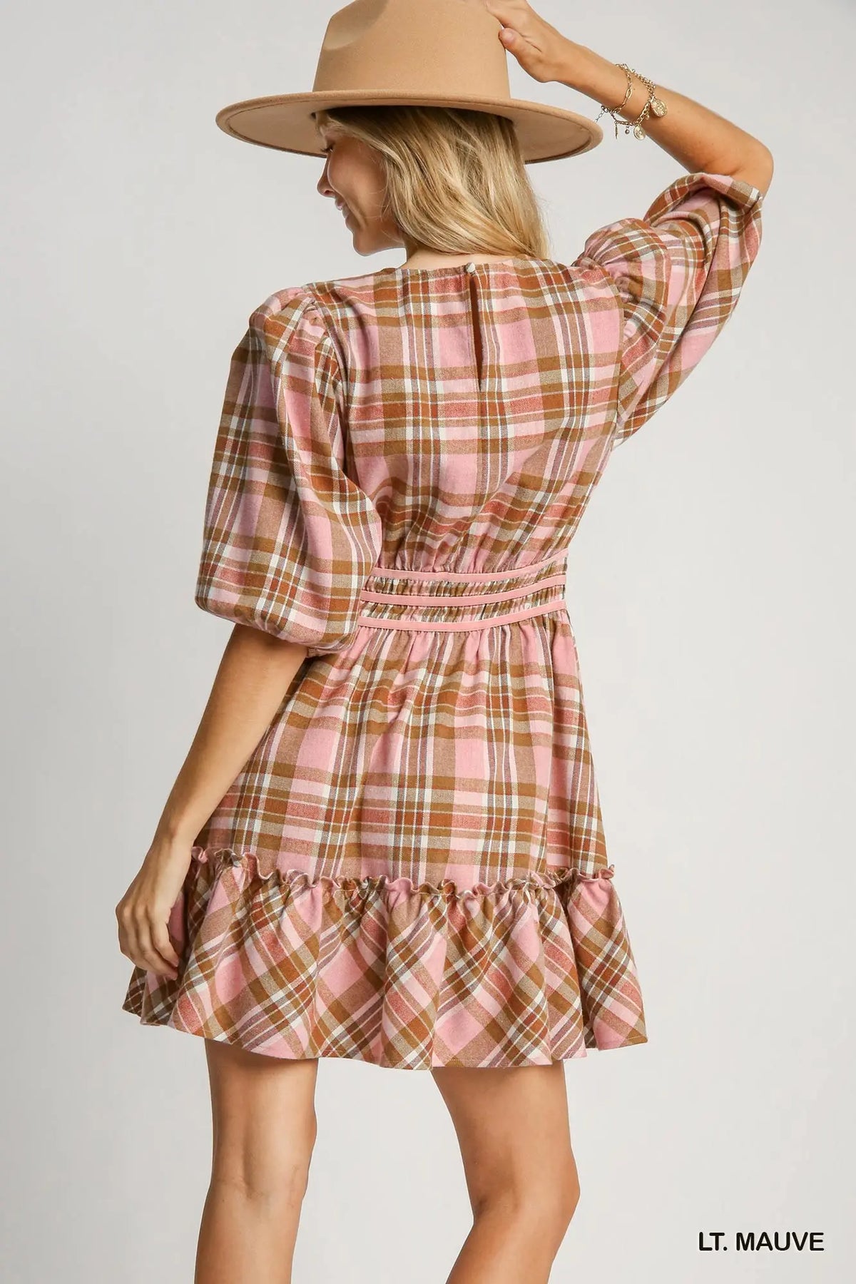 Pink & Tan Plaid Round Neck Dress