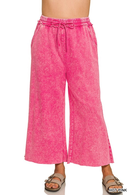Pink French Terry Washed Flare Pants - Plus