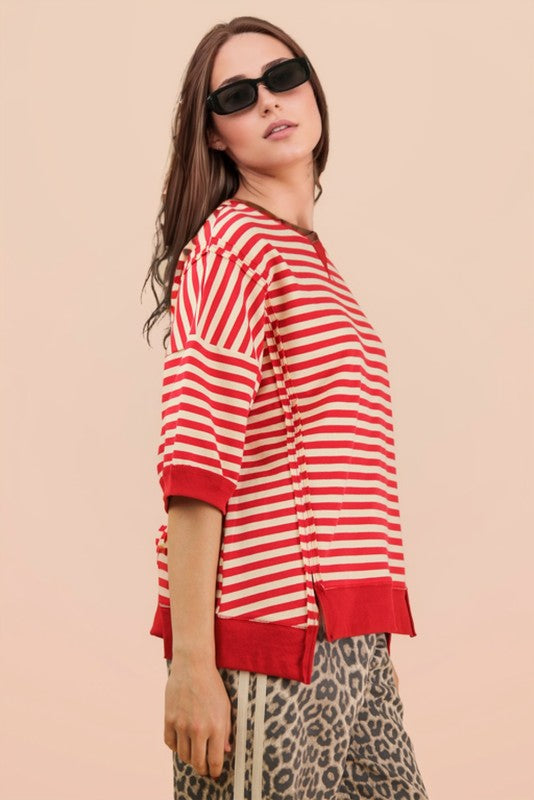 Red & Cream Stripe Knit Top