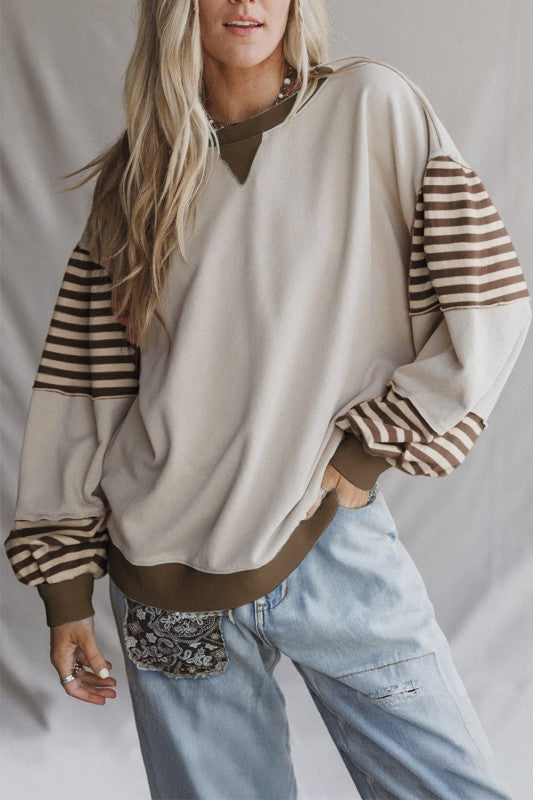Brown Colorblock Patchwork Striped Sleeve Sweatshirt