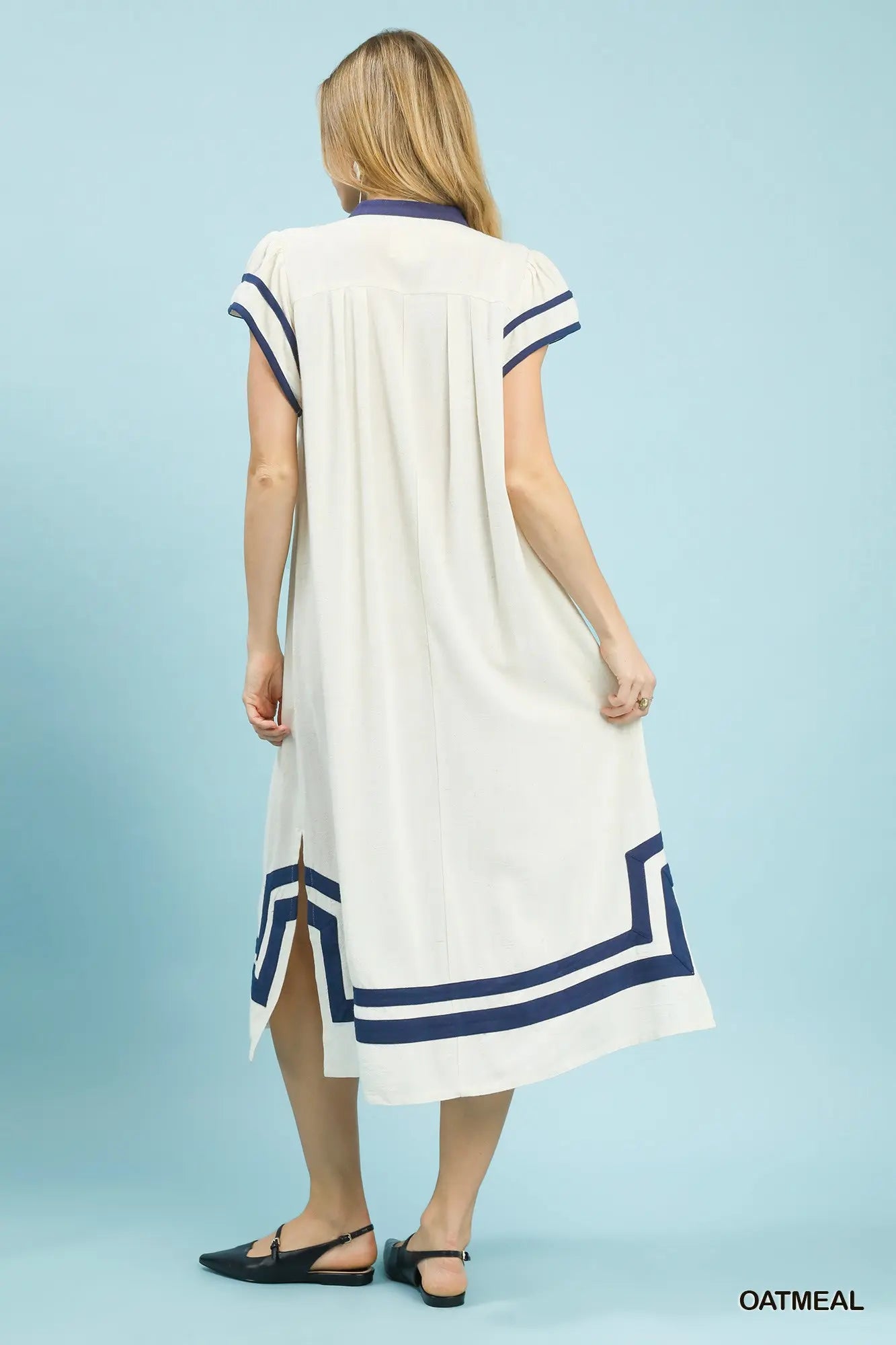 Oatmeal & Blue Linen Midi Dress