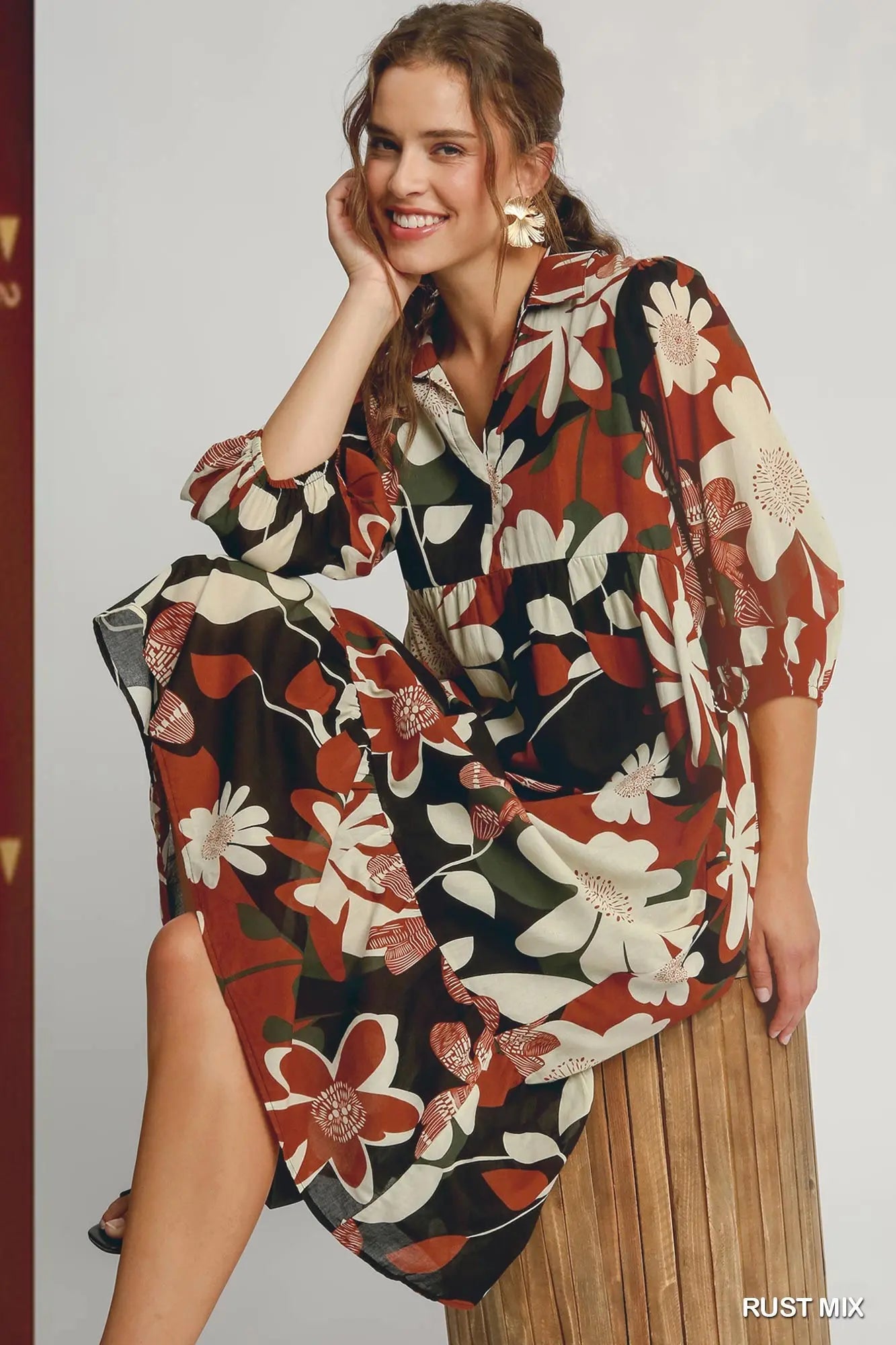 Rust Mix Floral Abstract Print Tiered Dress
