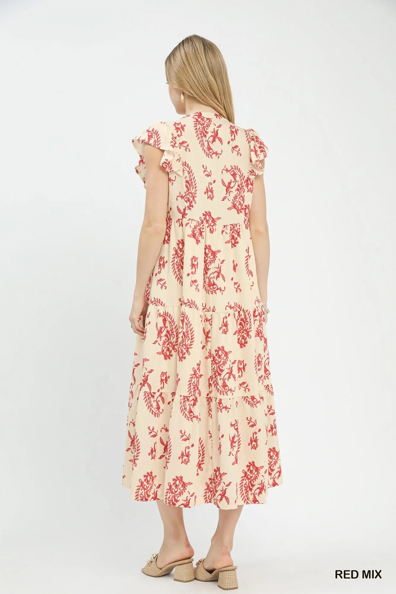 Red Paisley Print Ruffle Sleeve Midi Dress