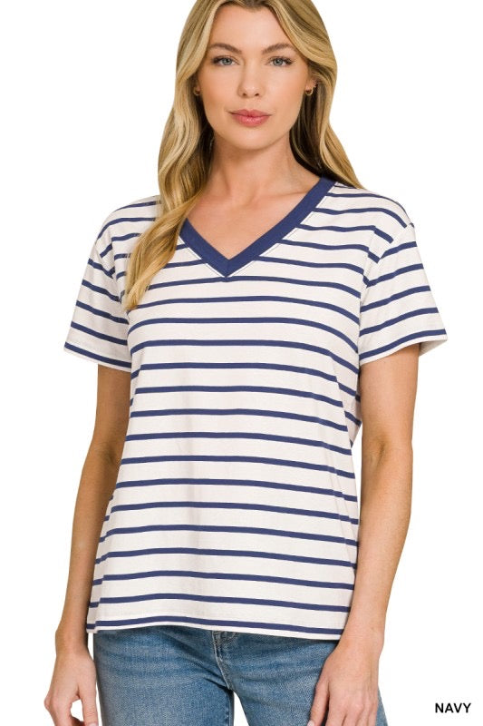 Navy Stripe Vneck Tshirt