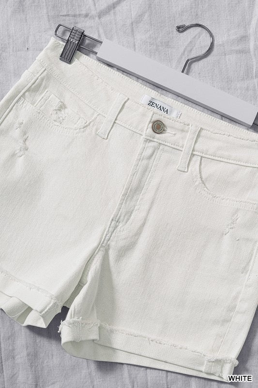 White Cuffed Raw Hem Denim Shorts
