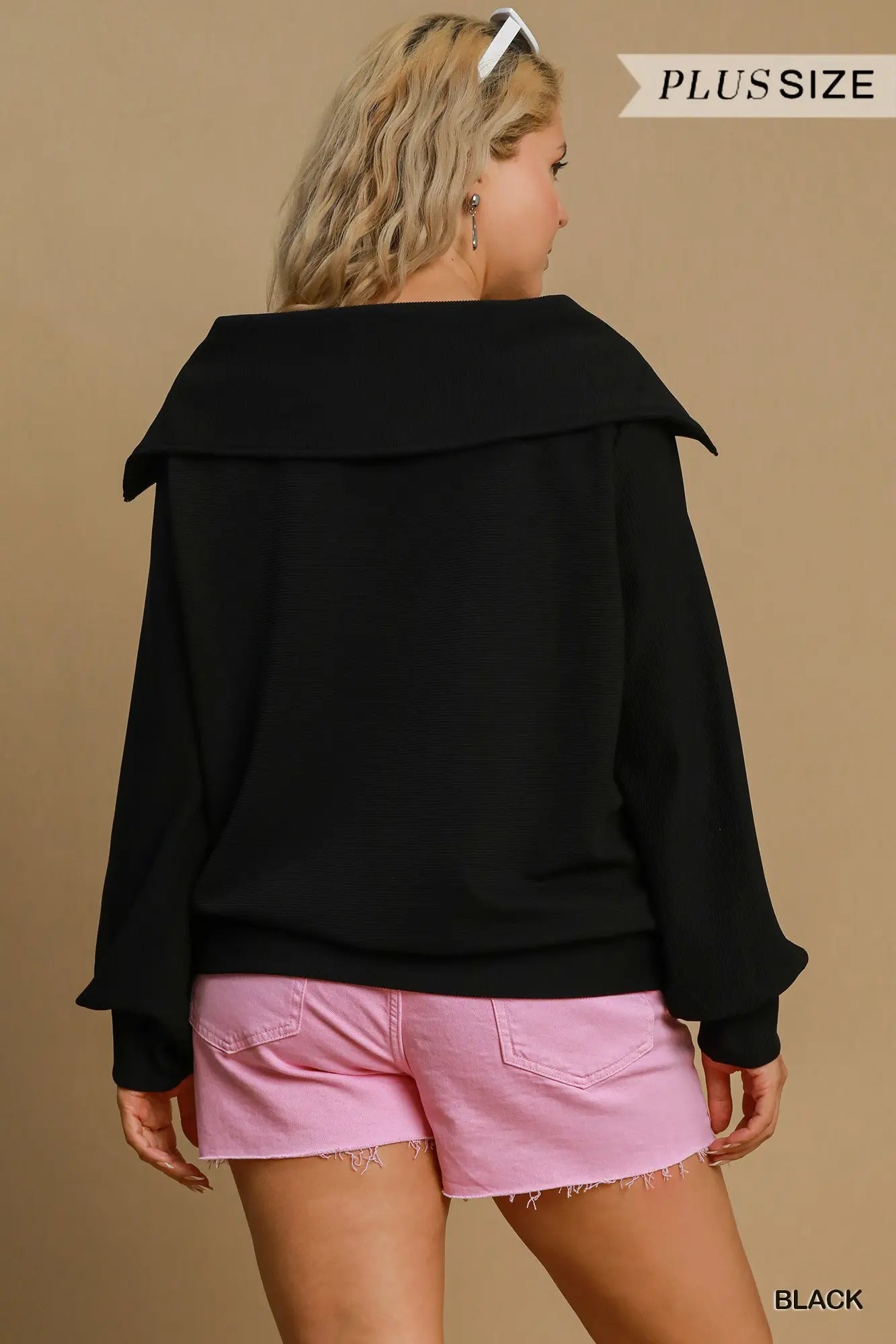 Black Ribbed Zip Up Pullover - Plus