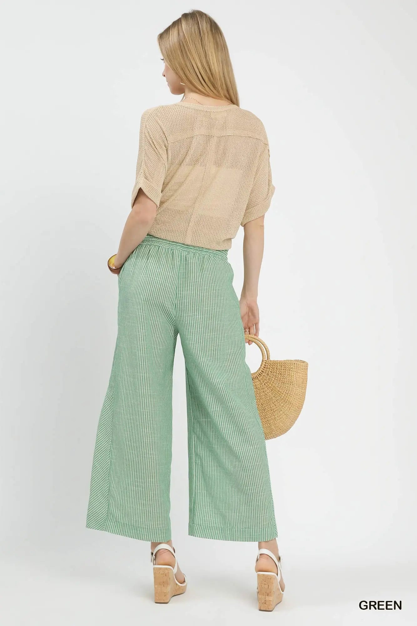 Green Linen Blend Striped Wide Leg Pants