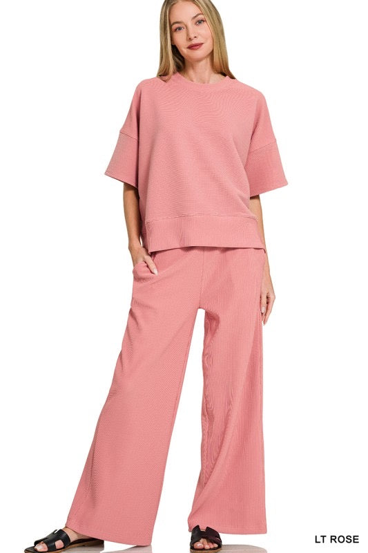 Light Rose Ribbed Round Neck Tee & Pants Set