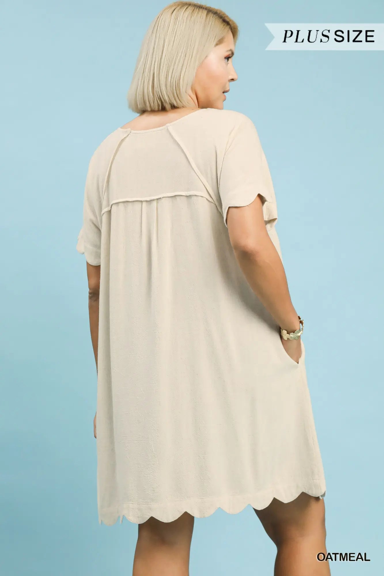 Oatmeal Linen Scalloped Hem Dress- Plus