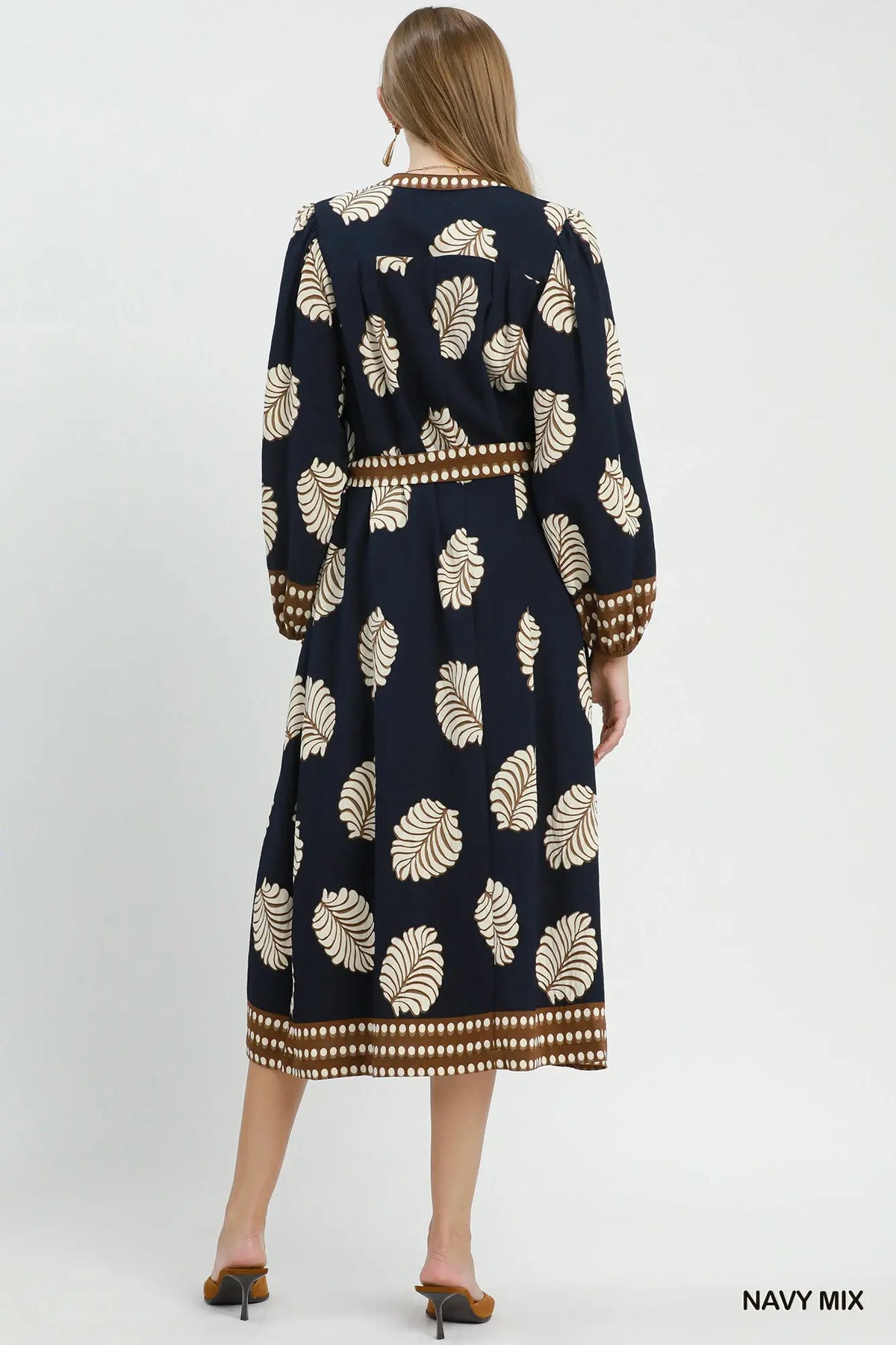 Navy Mix Leaf Print Midi Dress