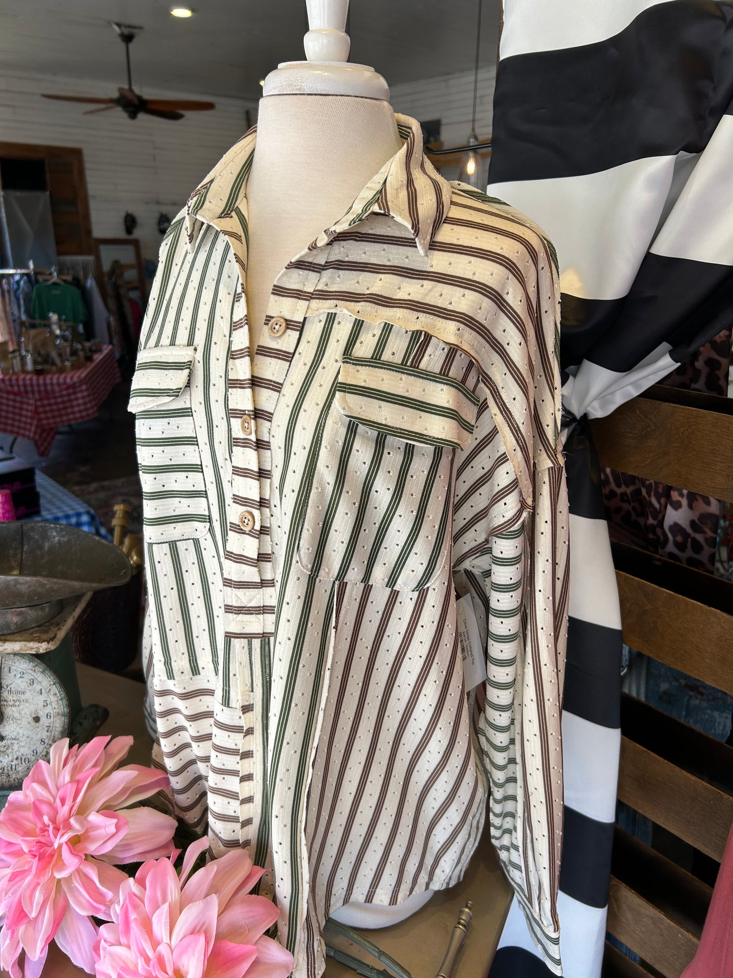 Olive Stripe Collared Top