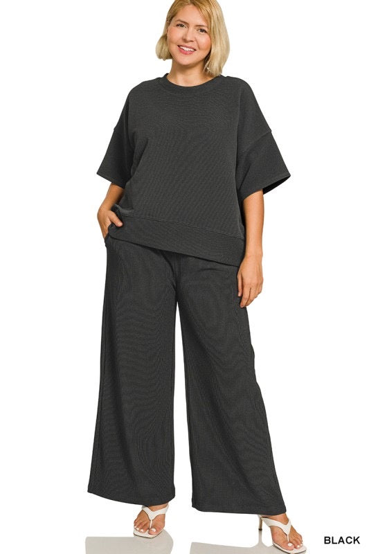 Black Ribbed Tee & Pants Set - Plus