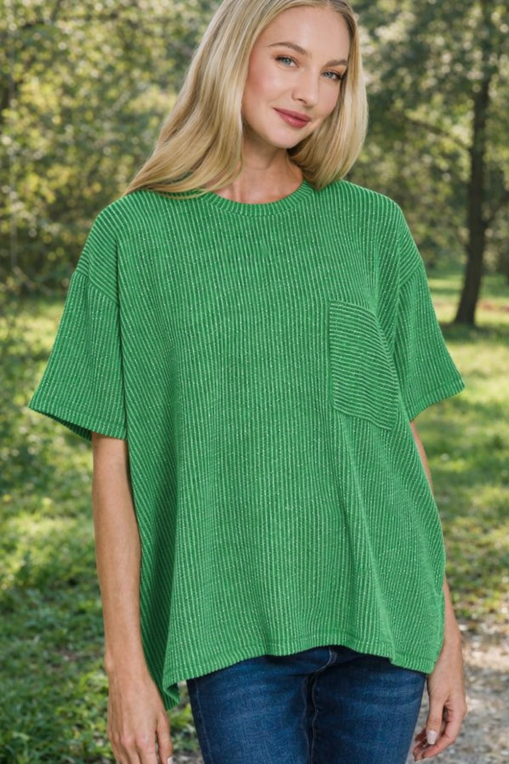 Green Raised Rib Front Pocket Top