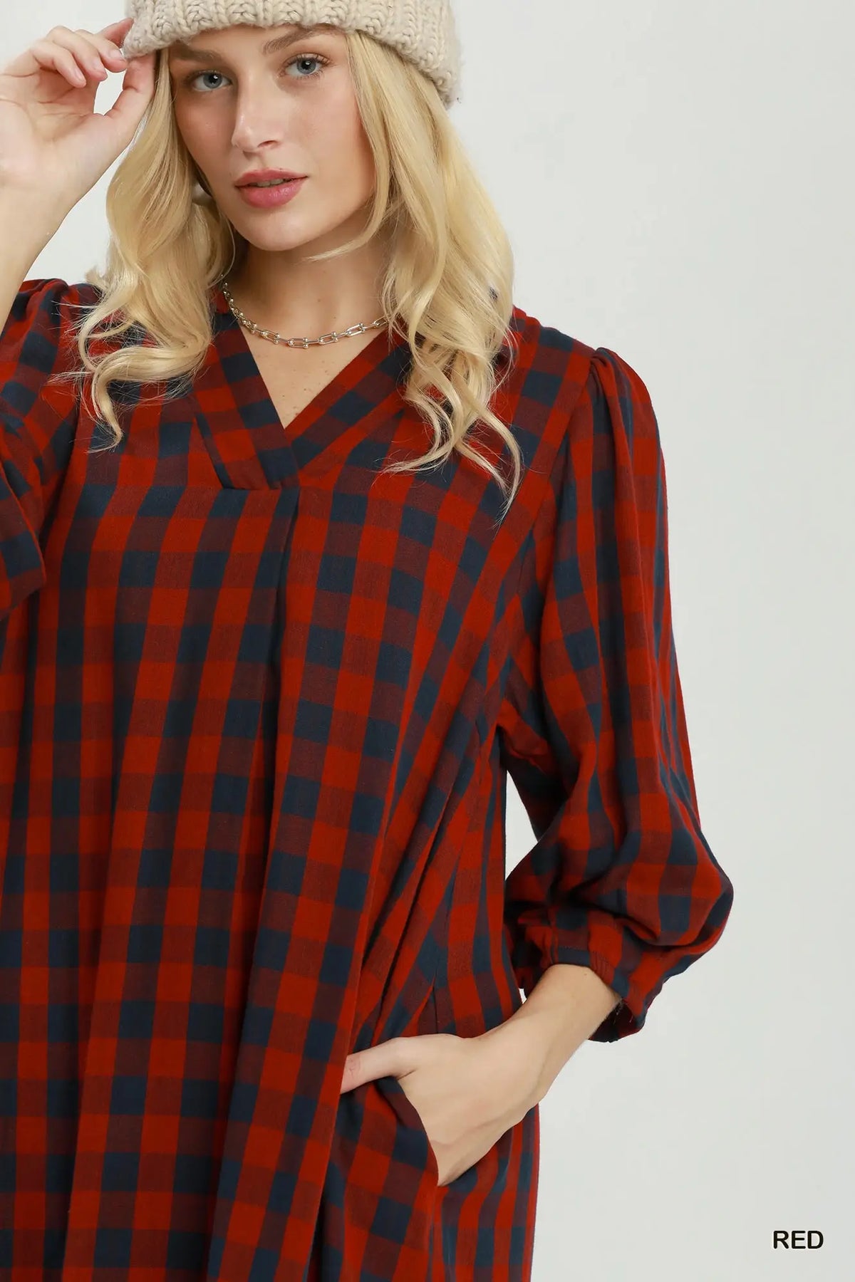 Red & Navy Checkered Midi Dress
