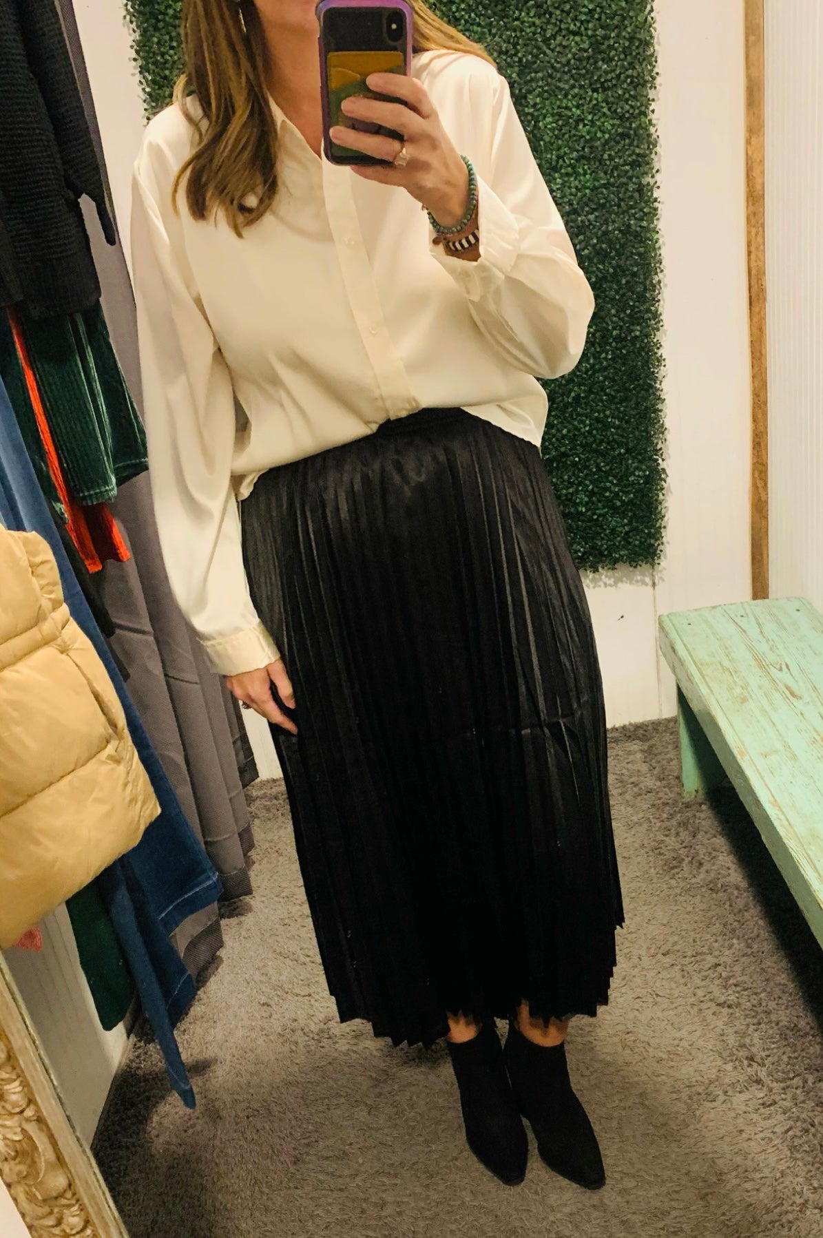 Ivory Satin Button Up Long Sleeve Top