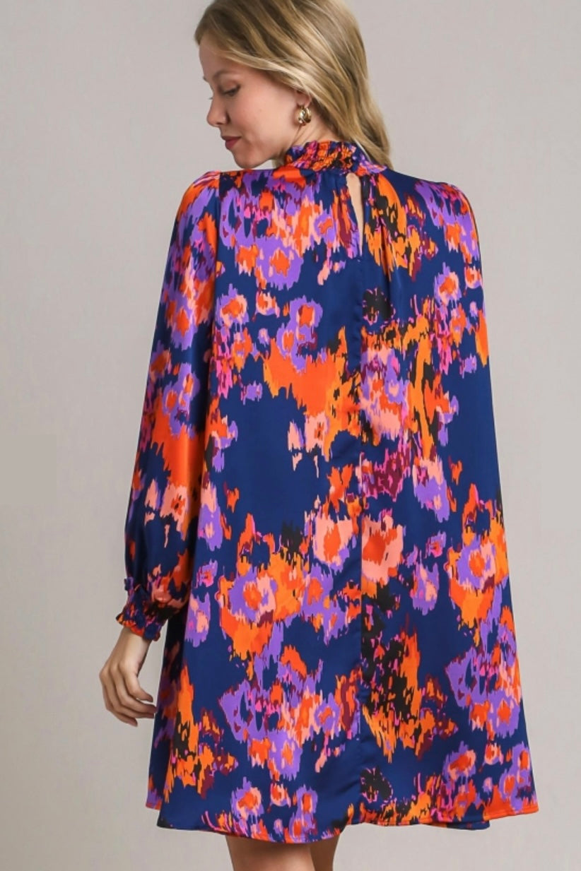 Purple Abstract Floral Satin Dress