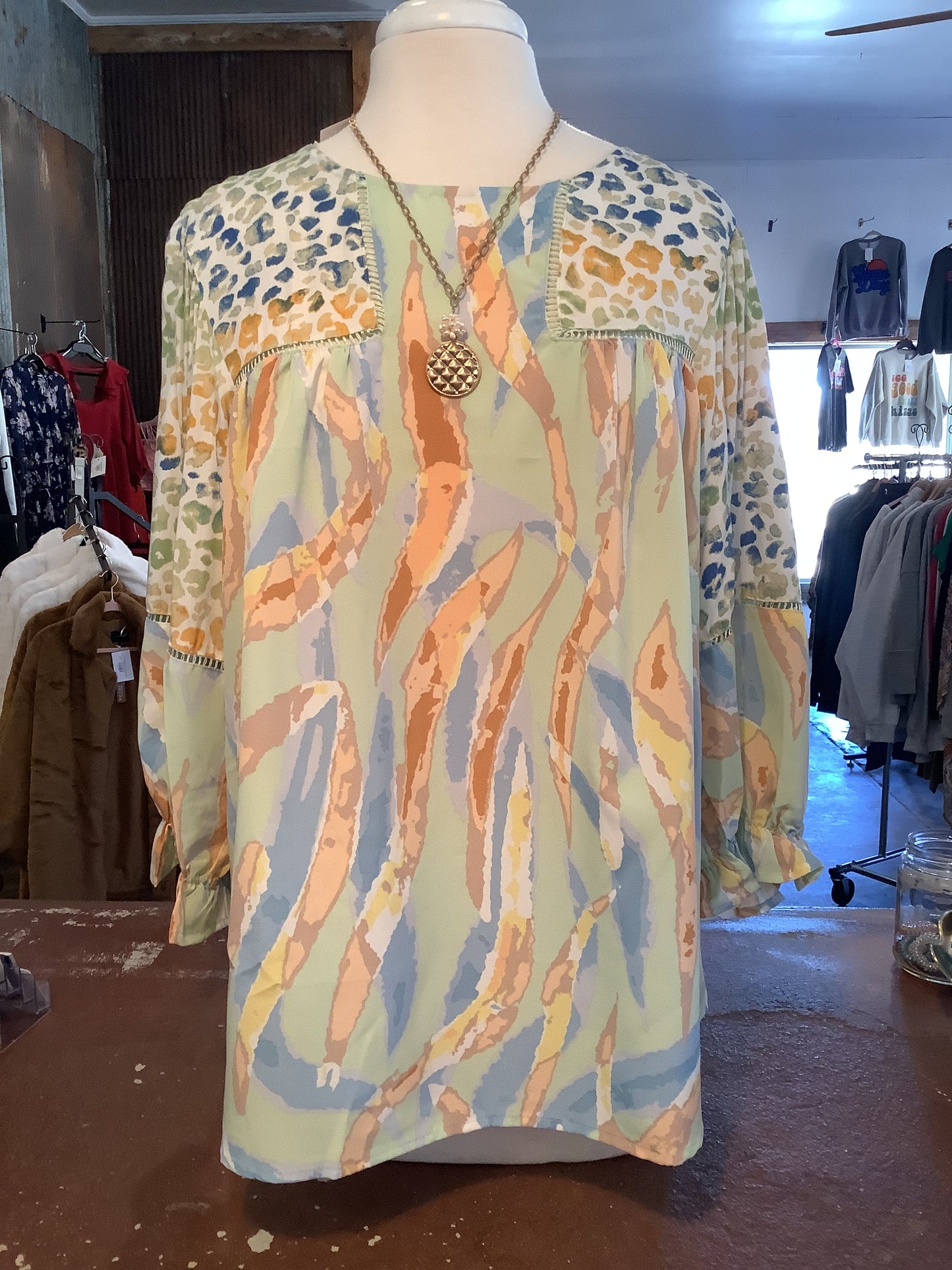 Mixed Print 3/4 Sleeve Top - Plus