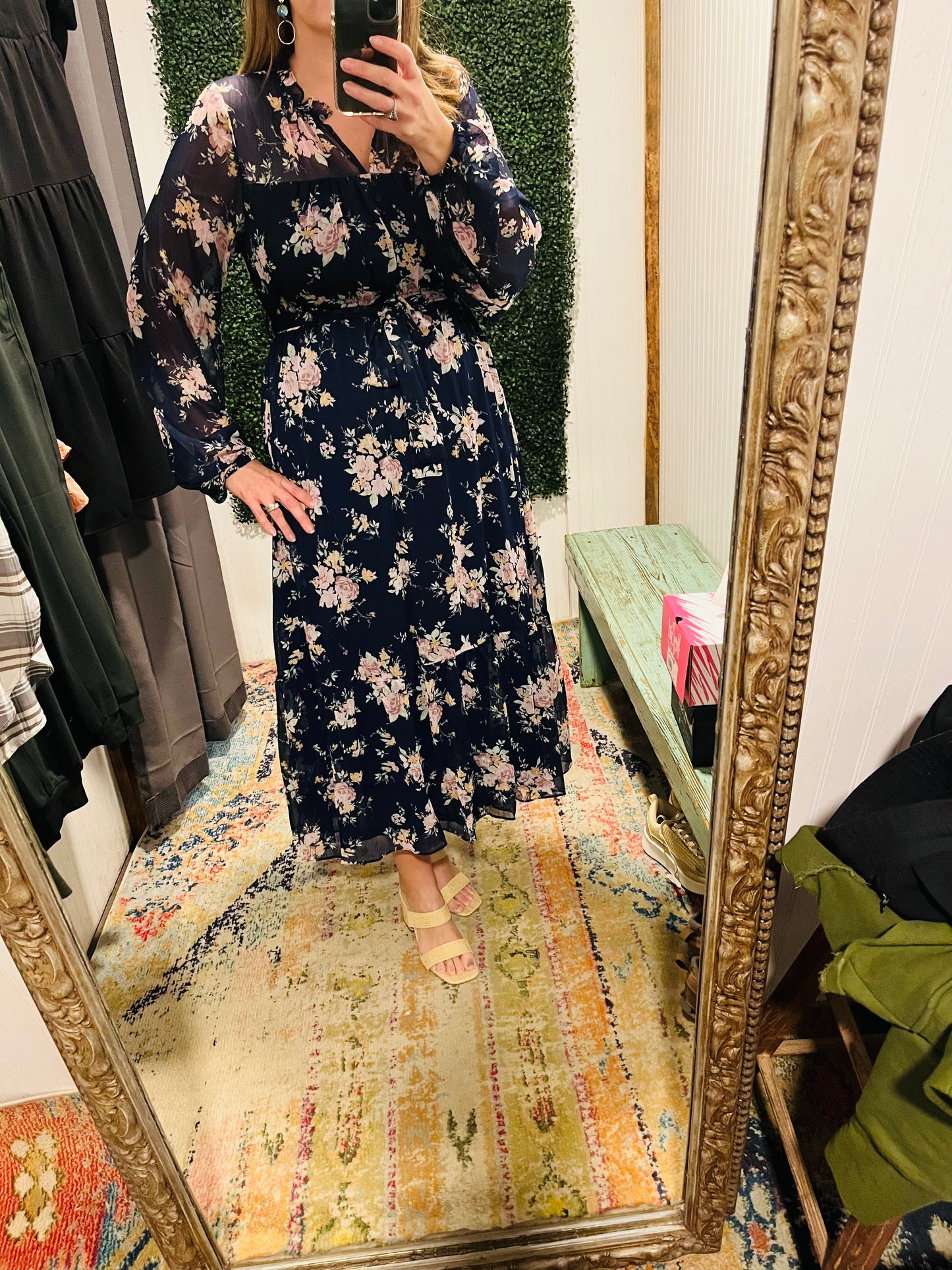 Navy Floral Long Sleeve Midi Dress