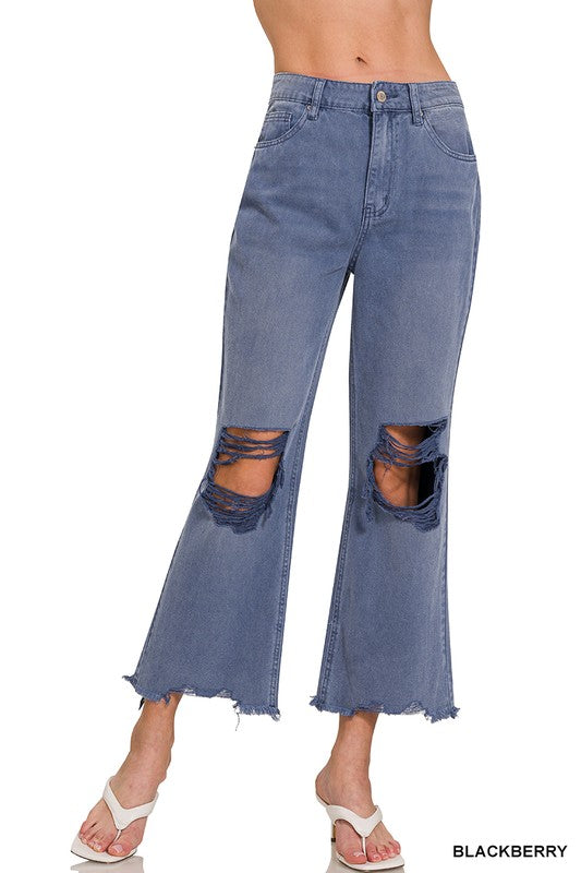 Navy Distressed Denim Cropped Pants