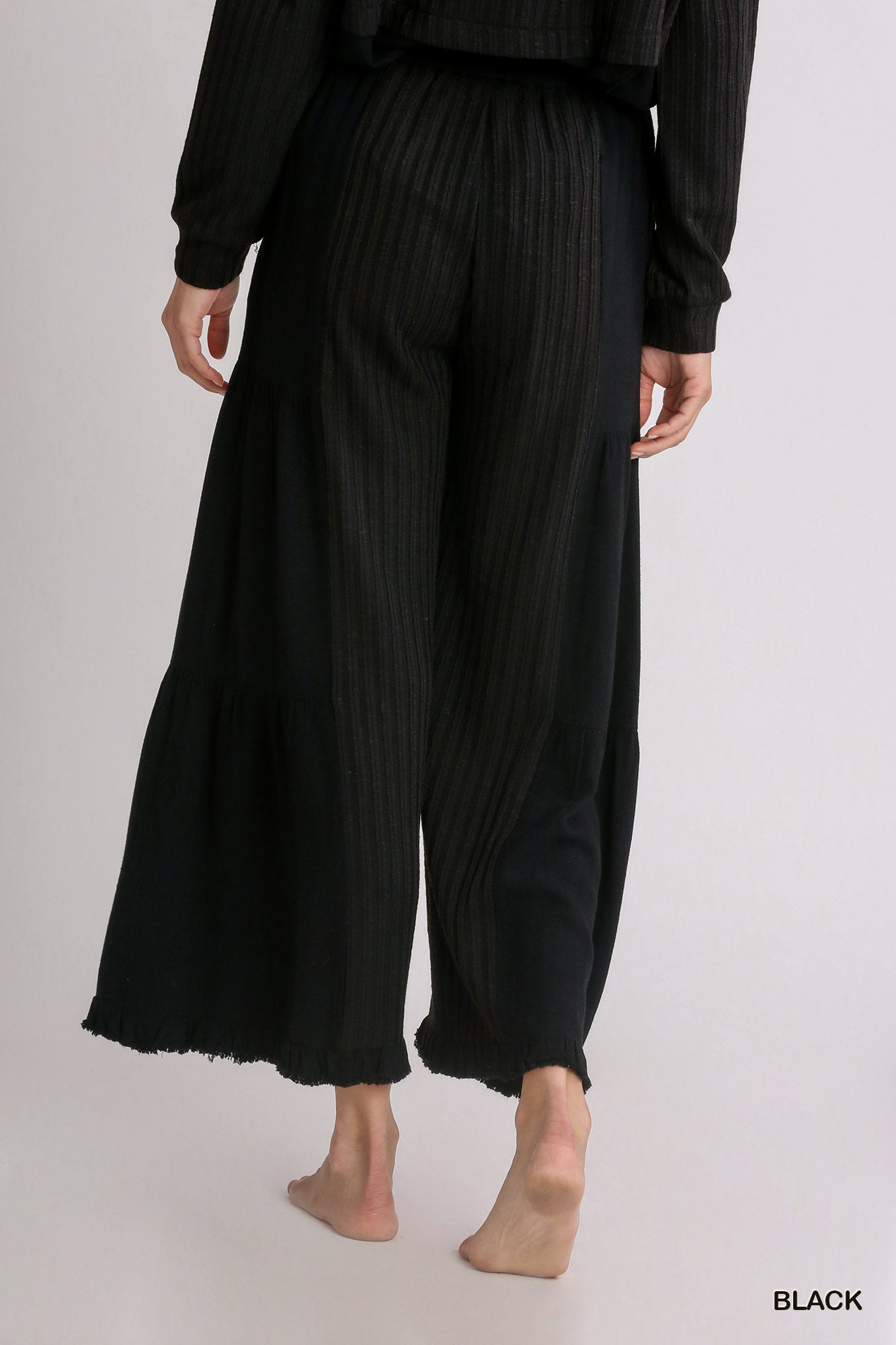 Black Linen Blend Fringed Wide Leg Pants