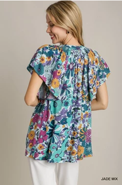 Jade Floral Split Neck Top