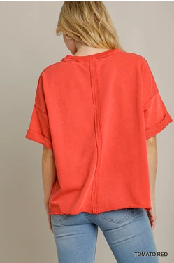 Red Washed Rolled Sleeve Top