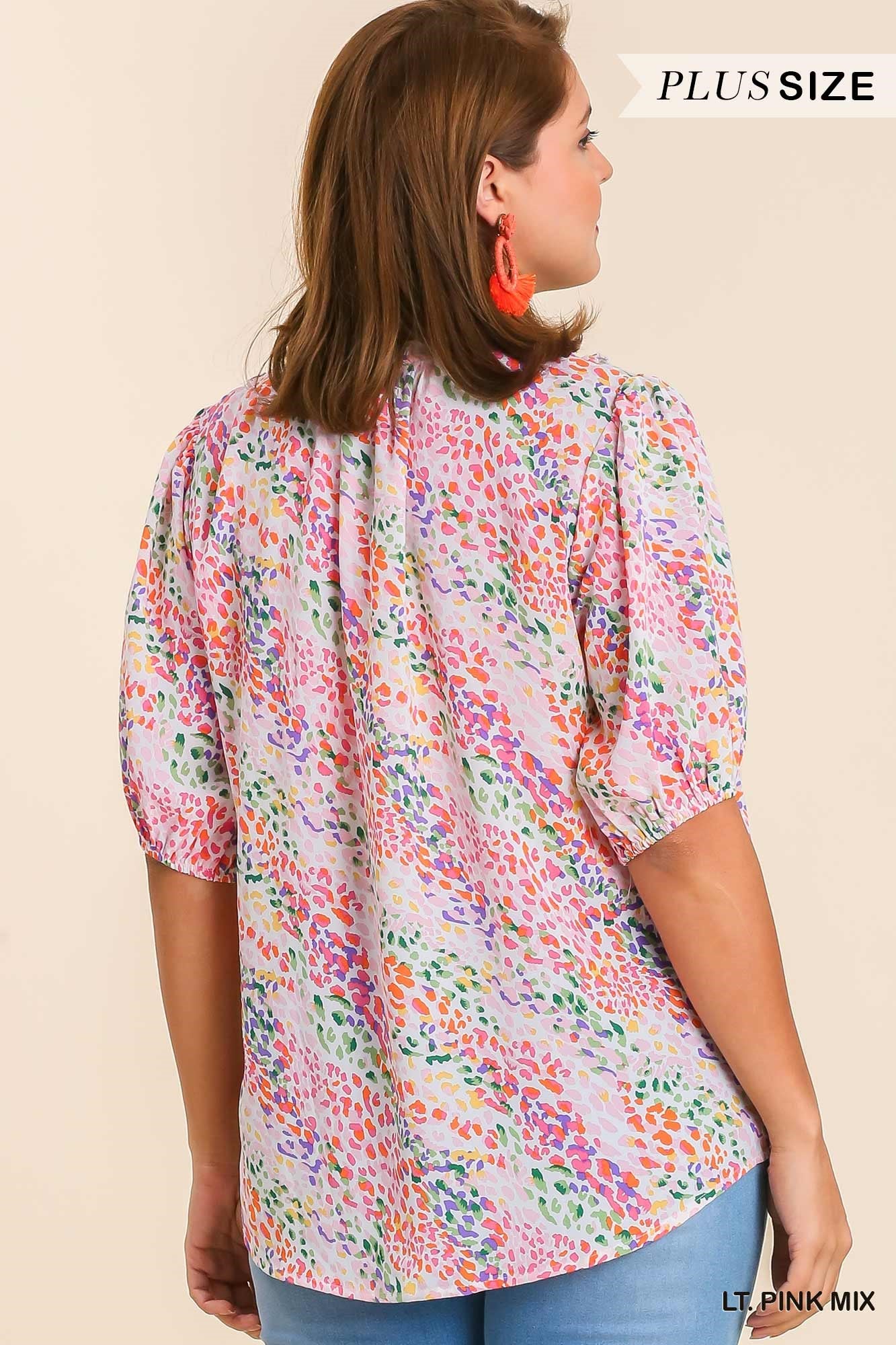 Light Pink Leopard Print Puff Sleeve Top - Plus