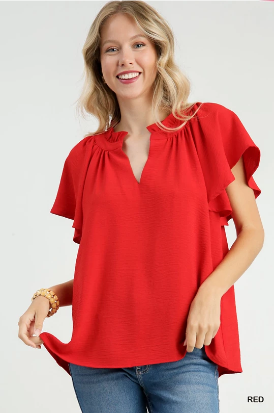 Red Woven Split Neck Top