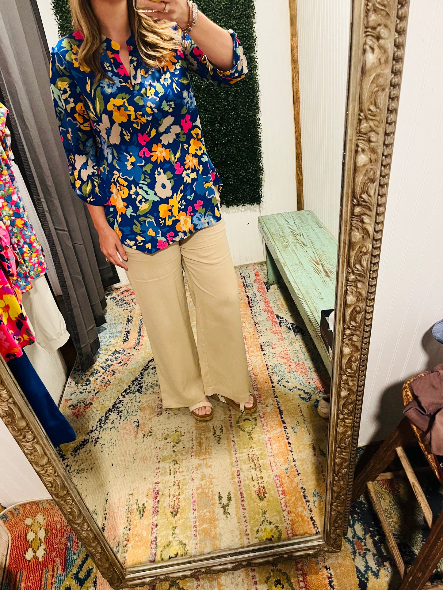 Royal Blue Floral 3/4 Sleeve Top - Plus