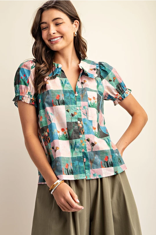 Pink Green Multi Plaid Top