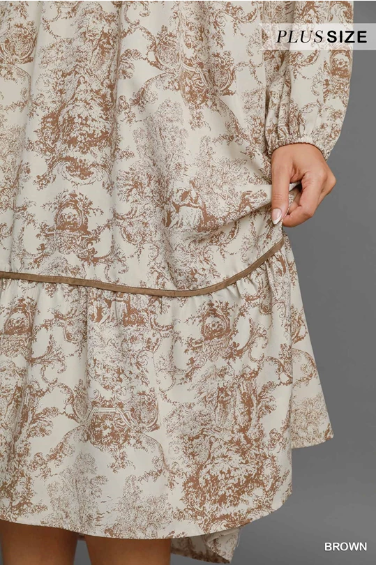 Brown Landscape Print Midi Dress - Plus