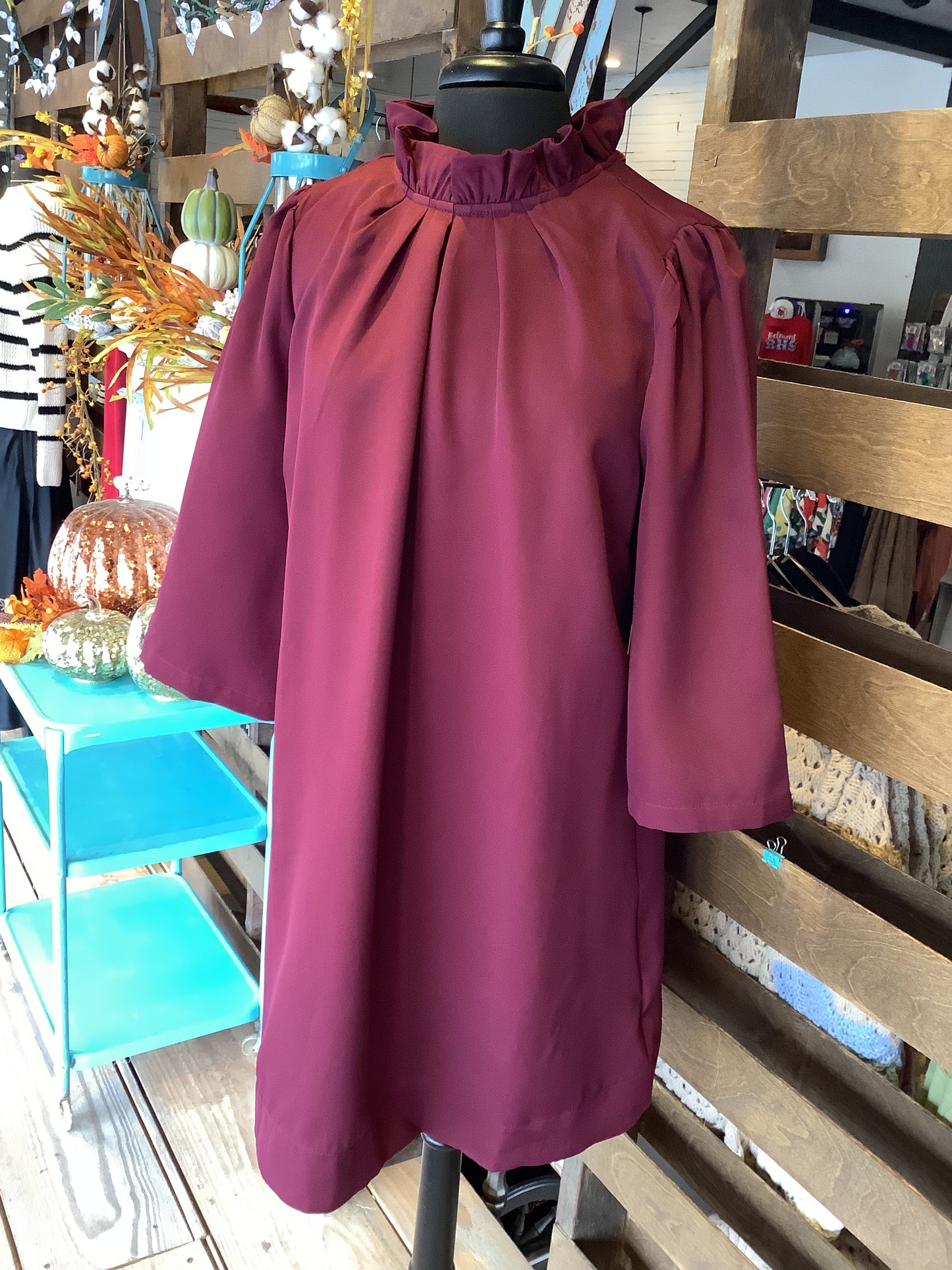 Wine Ruffle Neck Dress
