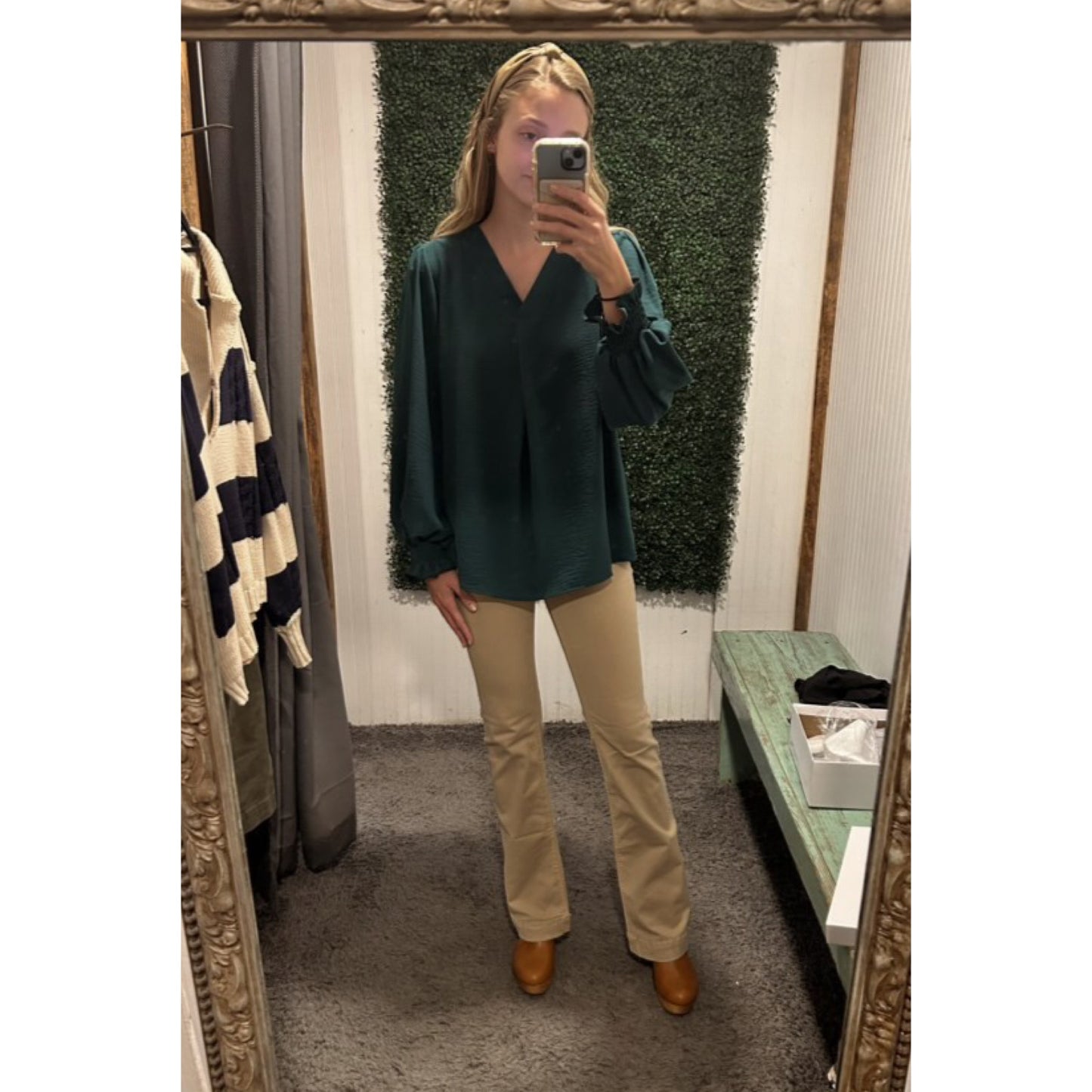 Hunter Green Smocked Sleeve Top
