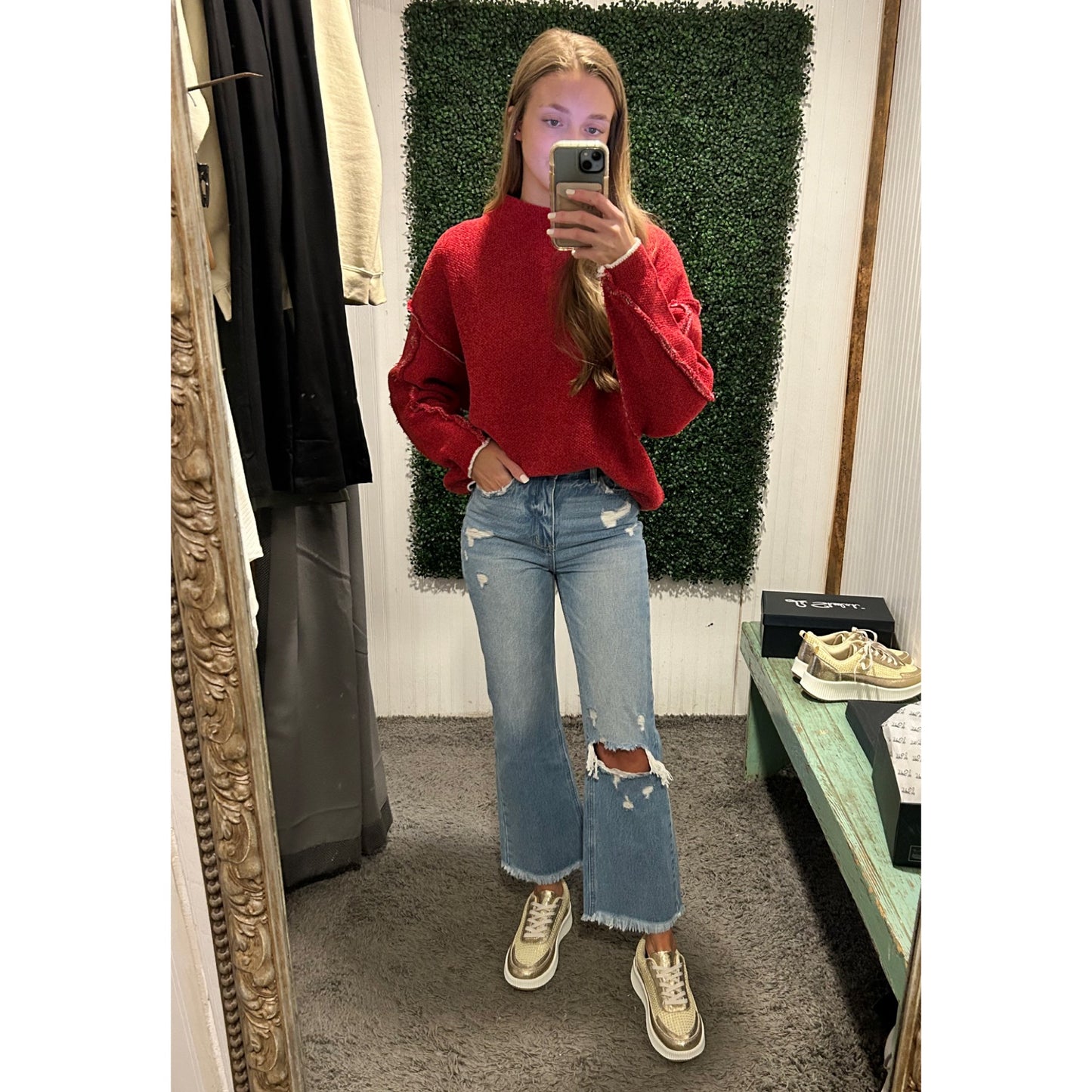 Dark Red Mock Neck Chenille Sweater