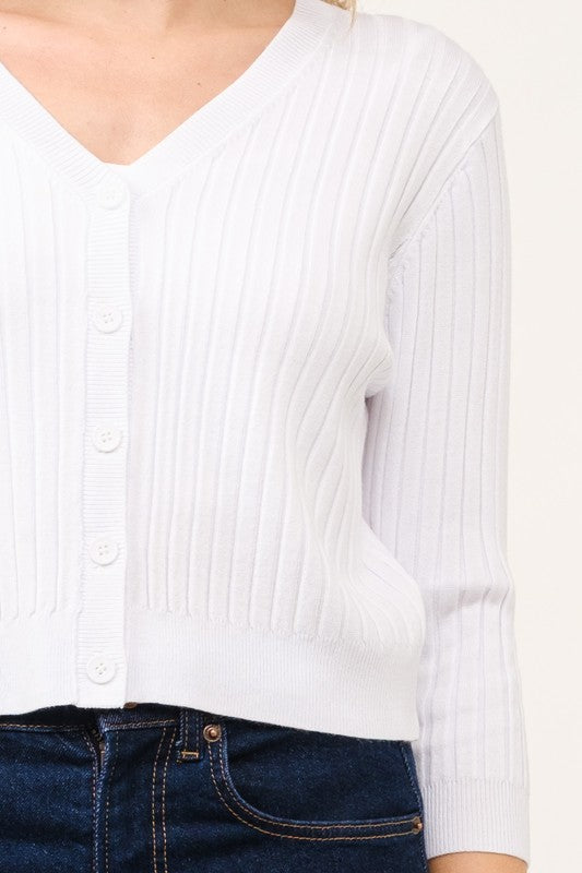 White Vneck Ribbed Cardigan