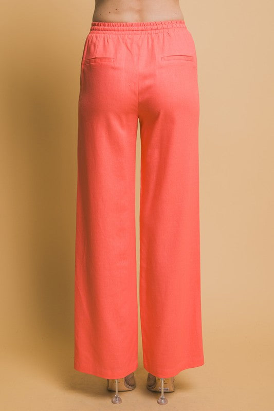 Coral Drawstring Waist Linen Pants