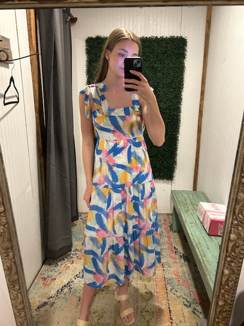 Blue Brush Stroke Midi Dress