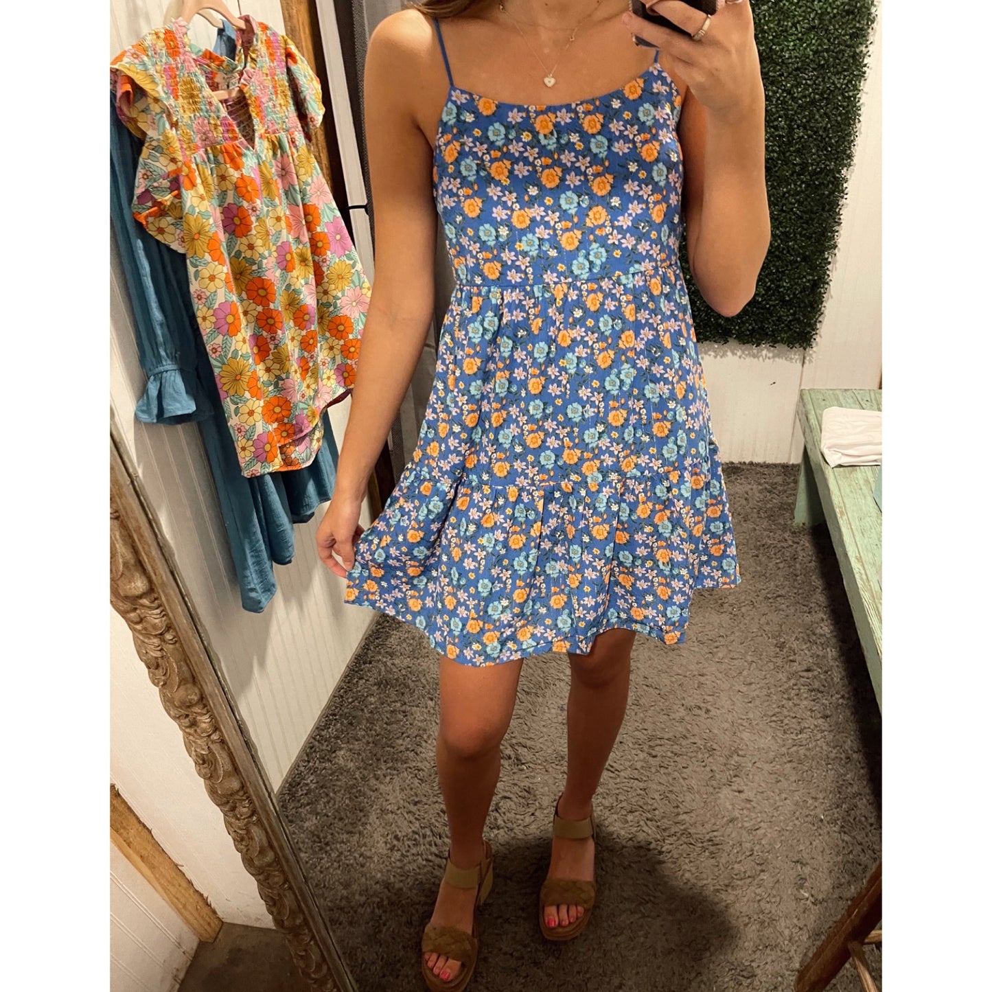 Blue Floral Print Babydoll Dress