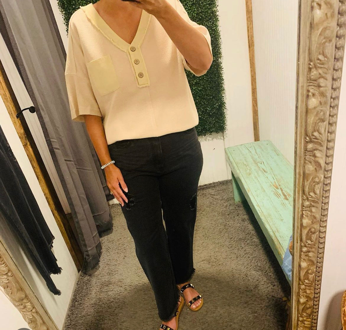 Woven Contrast Washed V Neck Top- Plus Size