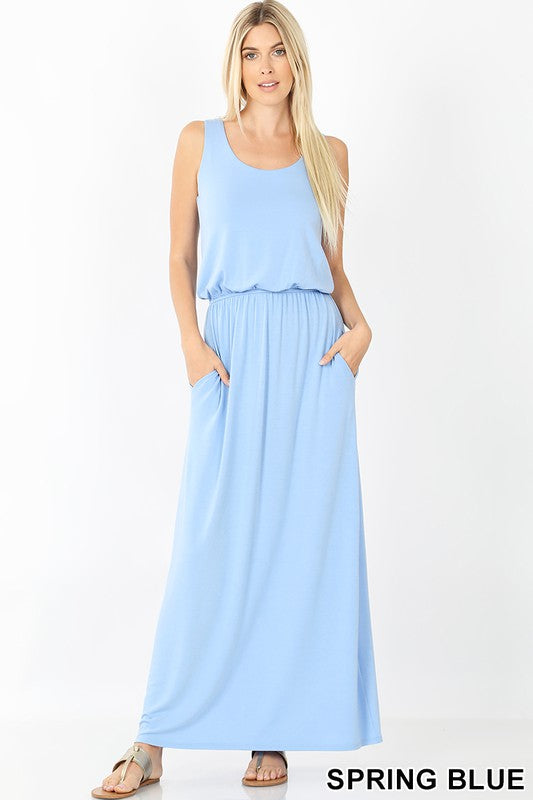 Spring Blue Sleeveless Pocket Maxi Dress