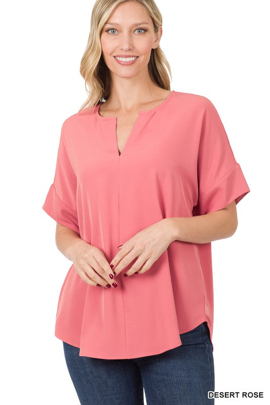 Desert Rose Split Neck Short Sleeve Top